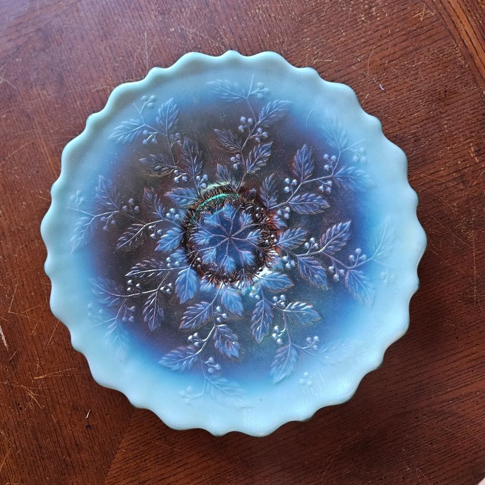 Vintage colored Fenton Glass Aqua Opal Holly Pedestal Plate